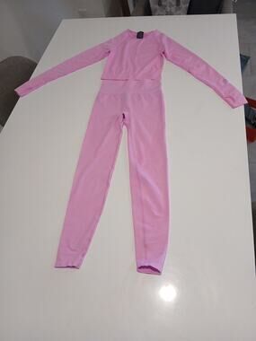 Pink Activewear Gym Yoga Set Ribbed Long Sleeve Cropped Top & Wide Leg Flare...
